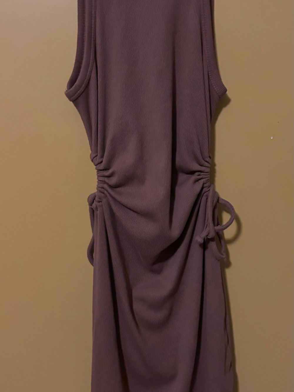 Bold Ribbed Brown Tank Dress With Side Ruching (S) - Picture 3 of 4